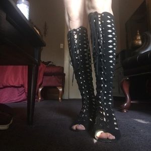 Retro vintage black leather lace up Sandal heel 8